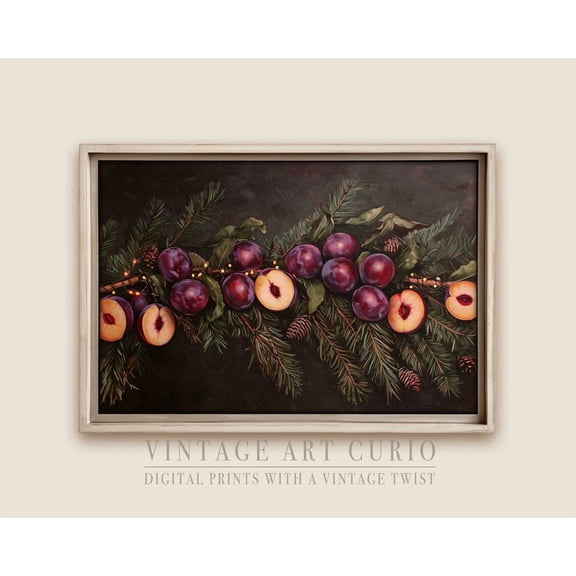 Winter Plum Garland Wall Art Print, Trendy Fruit Plum Garland, Cozy Cottagecore Decor #3818 Warm Present Vintage UNFRAMED Poster Size 12x18