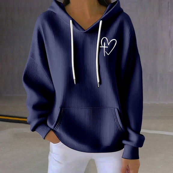 Winter Plus Size Fall Sweaters for Women Ladies' Thick Striped Hooded Sweatshirt Funny Hoodies Blue M