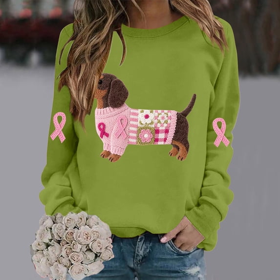 Winter Plus Size Fall Sweaters for Women Women's Dog Ribbon Breast Cancer Awareness Print Sweatshirt Funny Hoodies Green XXXL