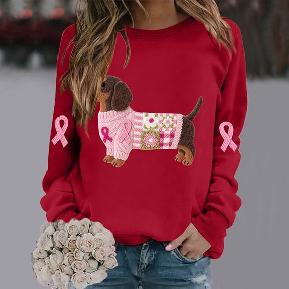 Winter Plus Size Fall Sweaters for Women Women's Dog Ribbon Breast Cancer Awareness Print Sweatshirt Funny Hoodies Red XL