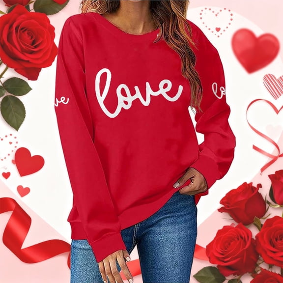 Winter Plus Size Fall Sweaters for Women Women's Fashion Casual Round Neck Long Sleeve Love Print Hoodless Sweatshirt Funny Hoodies Red XL