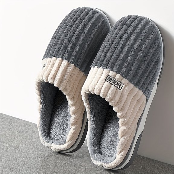 Winter Plus Size Men'S Plush Slippers - Cozy Fleece-Lined Slip-On Loafers with Non-Slip PVC Sole, Soft Fabric Upper & Lining, Beige & Black Striped Design for Indoor/Outdoor Comfort, Indoor Slippers