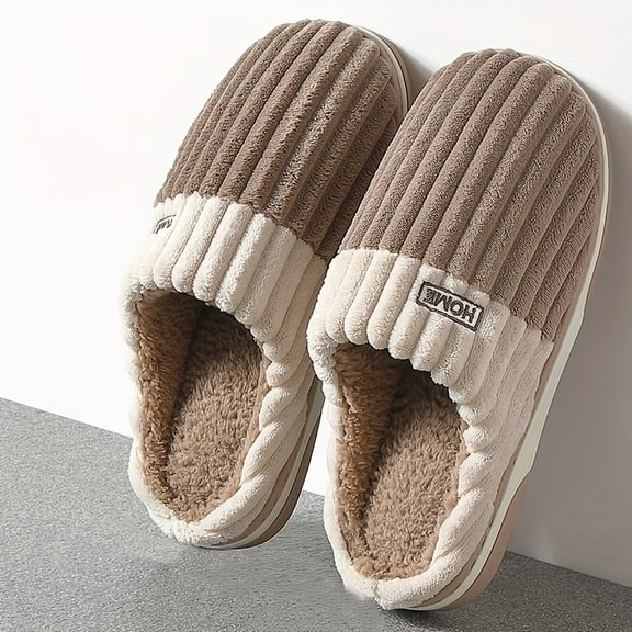 Winter Plus Size Men'S Plush Slippers - Cozy Fleece-Lined Slip-On Loafers with Non-Slip PVC Sole, Soft Fabric Upper & Lining, Beige & Black Striped Design for Indoor/Outdoor Comfort, Indoor Slippers
