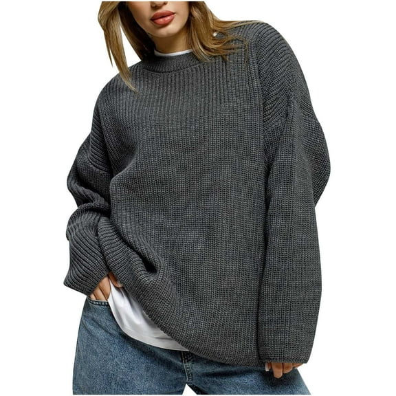 Winter Plus Size Sweaters For Women Trendy Long Sleeved Loose Solid Color Knitted Round Neck Fall Dark Gray Pullover Sweaters (XL)
