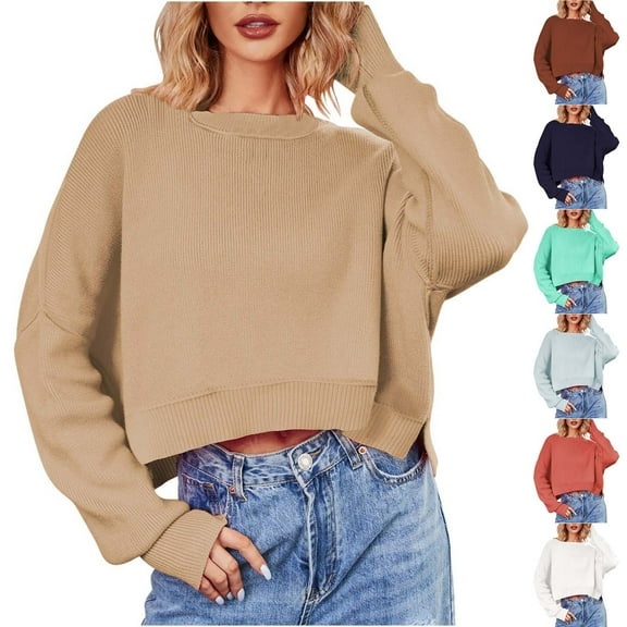 Winter Plus Size Sweaters For Women Trendy Loose European Knitted Long Sleeved Round Neck Fall Khaki Pullover Sweaters (M)