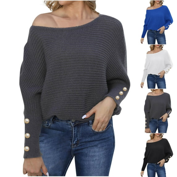 Winter Plus Size Sweaters For Women Trendy Solid Color Botton Long Sleeve Gray Crew Neck Fall Pullover Sweaters S-3XL