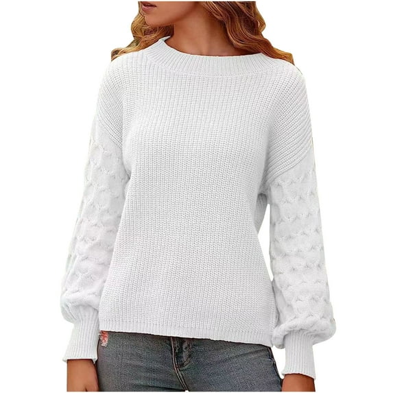 Winter Plus Size Sweaters For Women Trendy Solid Color Long Sleeved Loose Knitted Crew Neck Fall White Pullover Sweaters (XL)
