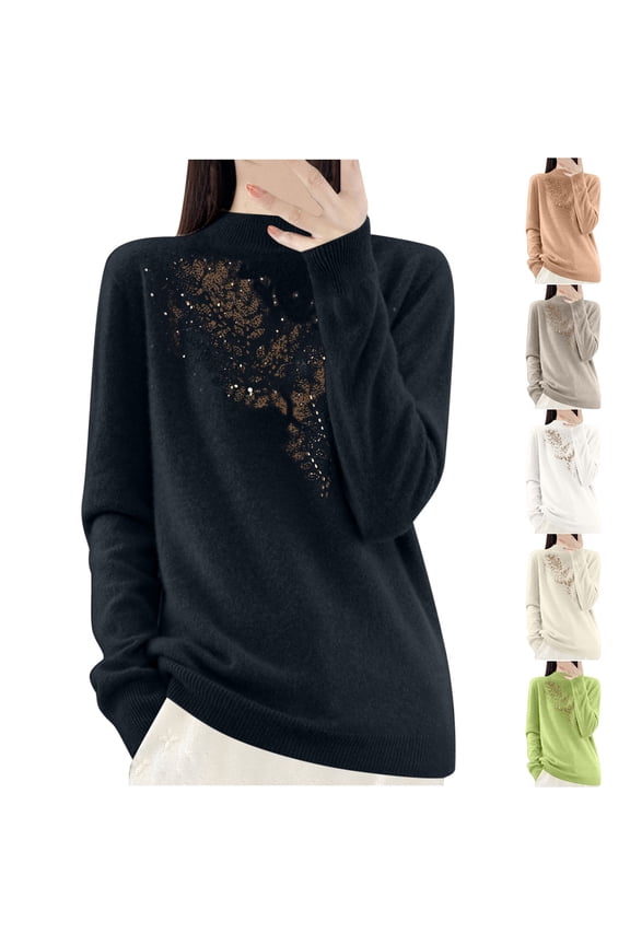Winter Plus Size Sweaters For Women Trendy Solid Color Round Neck Rhinestone Half Knitted Base Black Fall Pullover Sweaters Turtleneck M-2XL