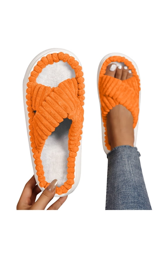 Women's Winter Plush Cross Slipper Flock Furry Fluffy Open Toe House Shoes Memory Foam Slippers for Home