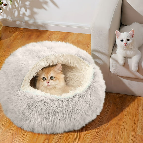 Winter Plush Dog Bed with Cover Cave,Semi-enclosed Cozy Cat Cave Bed,White Puppy Bed with Hooded Cover,Cat Beds for Indoor Cats Washable,Dog Beds for Dogs with Anti-Slip Bottom