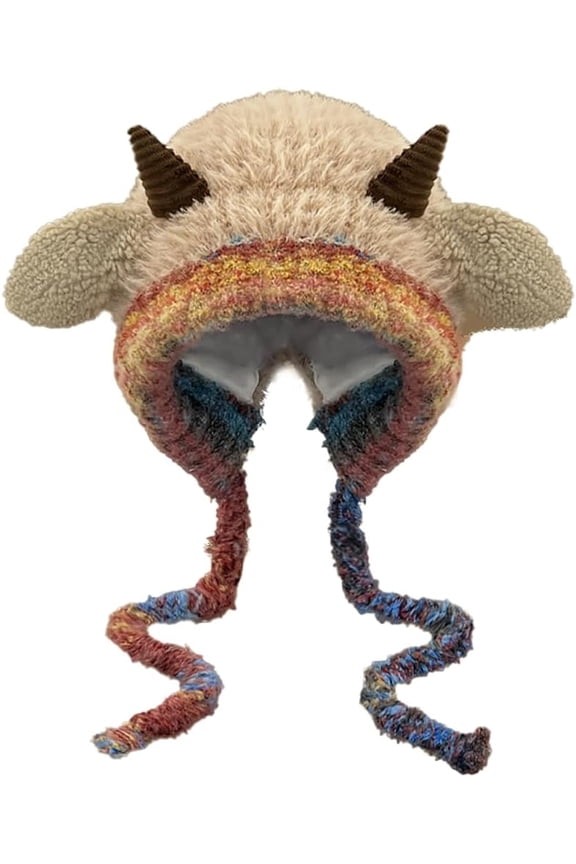 Winter Plush Faux Fur Knitted Animal Hat Cozy Cute Horns Sheep Ears Beanie Cap Warm Ear Flap Thick Lining Crochet Hats 2025