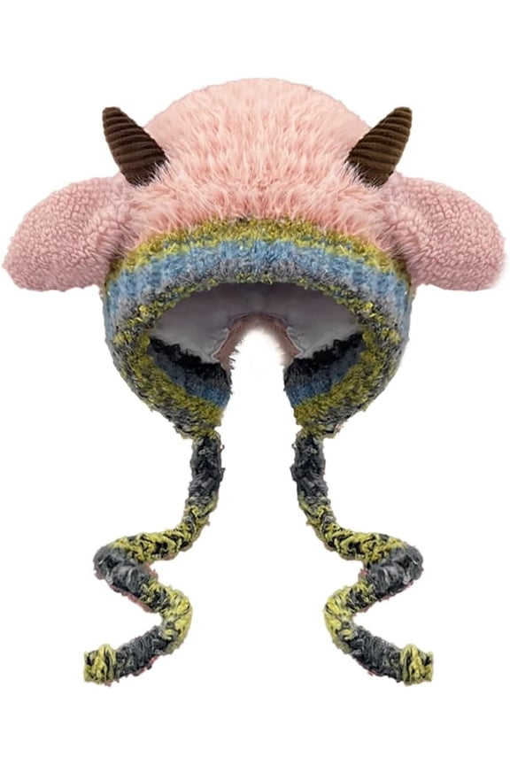 Winter Plush Faux Fur Knitted Animal Hat Cozy Cute Horns Sheep Ears Beanie Cap Warm Ear Flap Thick Lining Crochet Hats 2025