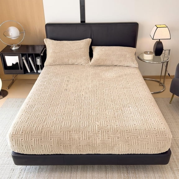 Winter Plush Fitted Sheet--Thick Milk Velvet Mattress , Fleece Lined Non-Slip, 120×200cm Singles, Elastic Edge--Warm Bedding, Gray Yellow Blue Green Khaki Pink
