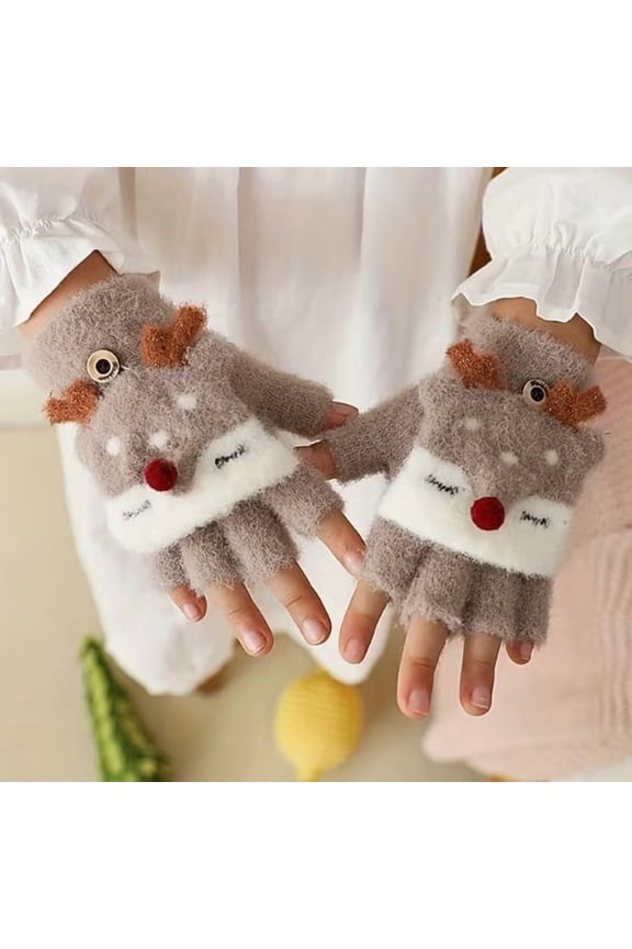 Winter Plush Flip Half-Finger Gloves for Kids - Cute Cartoon Design, One Size Fits All, Warm and Thickened for Ages 2-4