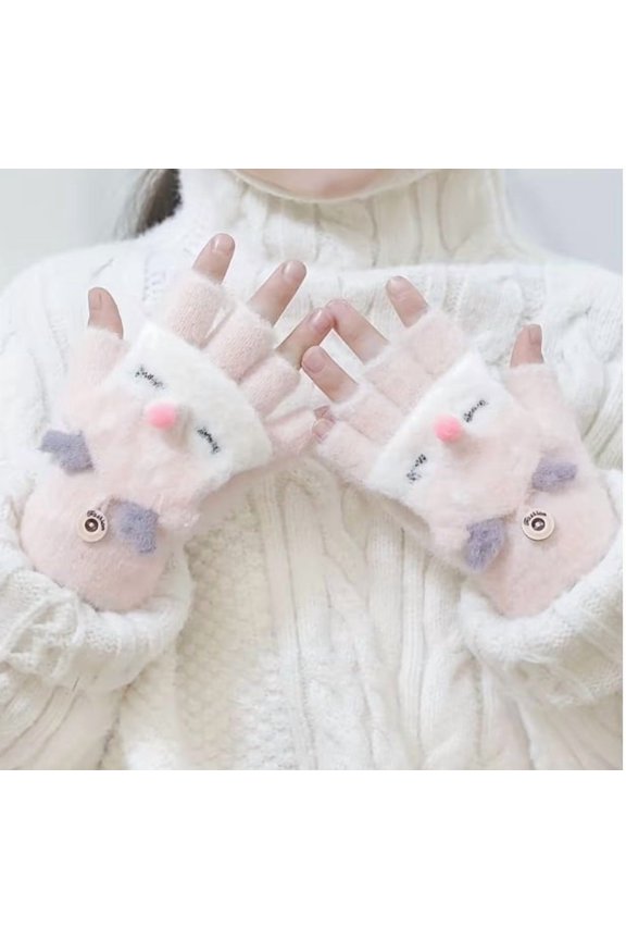 Winter Plush Flip Half-Finger Gloves for Kids - Cute Cartoon Design, One Size Fits All, Warm and Thickened for Ages 2-4