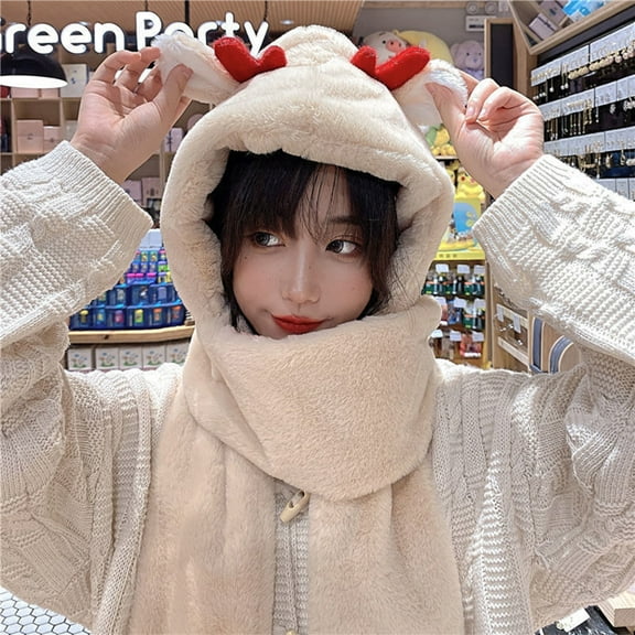 Winter Plush Hooded Scarf Cute Animal Gloves Pocket Soft Earflap Hat 3 in 1