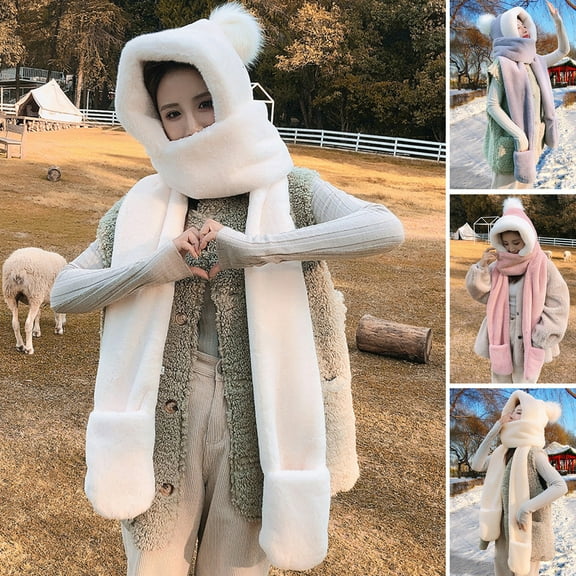 Winter Plush Hooded Scarf Cute Animal Paw Gloves Pocket Soft Earflap Hat 3 in 1