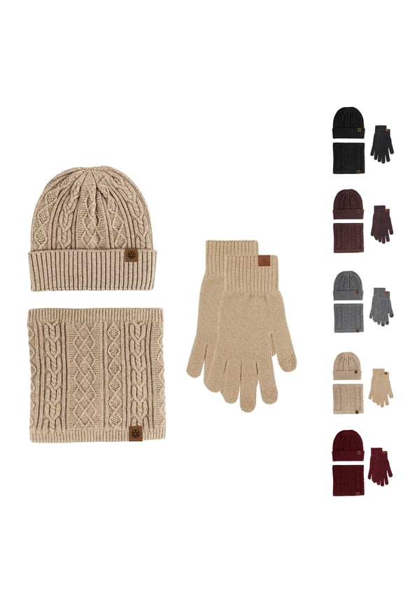Winter Plush Knit Set HL8801 - Gloves Hat Neck Warmer Combo, Soft Touchscreen Warm Stocking Stuffers, For Outdoor Cold Weather Activities