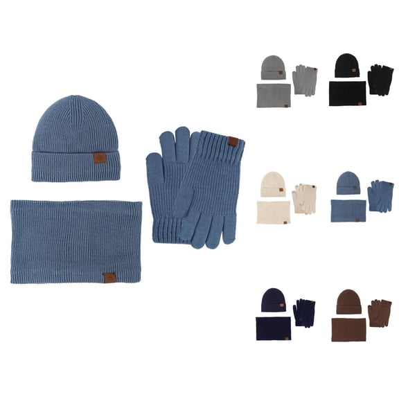 Winter Plush Knit Set HL8807 With Pink Hat - Beanie Neck Warmer Touchscreen Gloves Combo, Thick Warm Winter Gifts, For Outdoor Cold Weather Ski