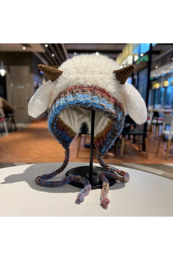 Winter Plush Lamb Ear Knit Hat, Fleece Lined Ear Flap Beanie, Convertible Handbag Multi-Functional Hat, Foldable Packable Winter Cap, Warm Animal Ear Design, Unisex Cold Weather Hat - White