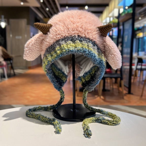 Winter Plush Lamb Ear Knit Hat, Fleece Lined Ear Flap Beanie, Convertible Handbag Multi-Functional Hat, Foldable Packable Winter Cap, Warm Animal Ear Design, Unisex Cold Weather Hat - Pink