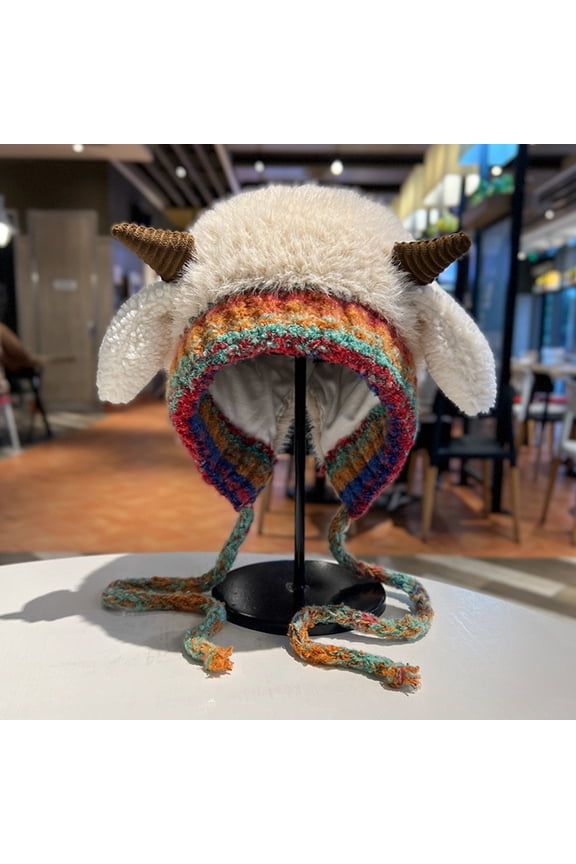 Winter Plush Lamb Ear Knit Hat, Fleece Lined Ear Flap Beanie, Convertible Handbag Multi-Functional Hat, Foldable Packable Winter Cap, Warm Animal Ear Design, Unisex Cold Weather Hat - Beige