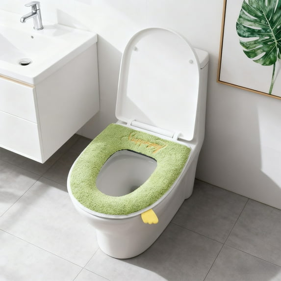 Winter Plush Toilet Seat Cover | Portable Zipper Design | Soft Flock Material | Green Thickened Toilet Seat Mat | Easy Installation & Washable | 43x38cm Bathroom Comfort Supply