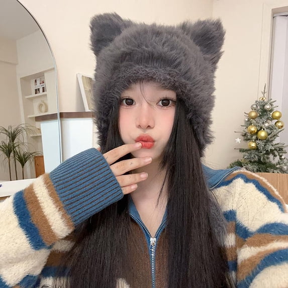 Winter Plush Women Hat Cute Bear Ear Protection Beanie Cap for Girls Female Kawaii Solid Color Faux Fur Warm Earmuffs Caps (A Style gray,One Size)