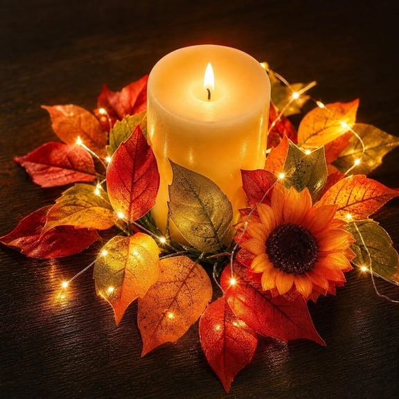 Winter Poetry Upgrade 3 Style Mini Maple Leaf Candle Ring, Sunflower Berry Artificial Fall Wreath With Optional LED Lights for Thanksgiving Table Mantel Decor, 7.87x7.09in