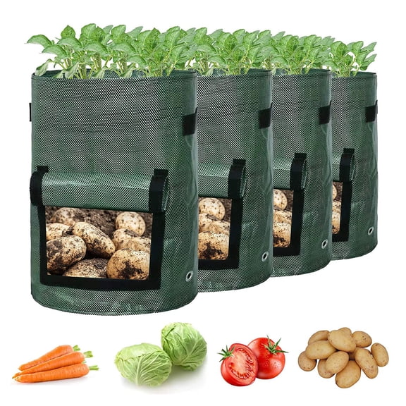 Winter Poetry Upgrade 4 Pack Potato Grow Bags, PE Cloth Planting Container, Dark Green Garden Pot With Side Window, Reusable Planter for Vegetables