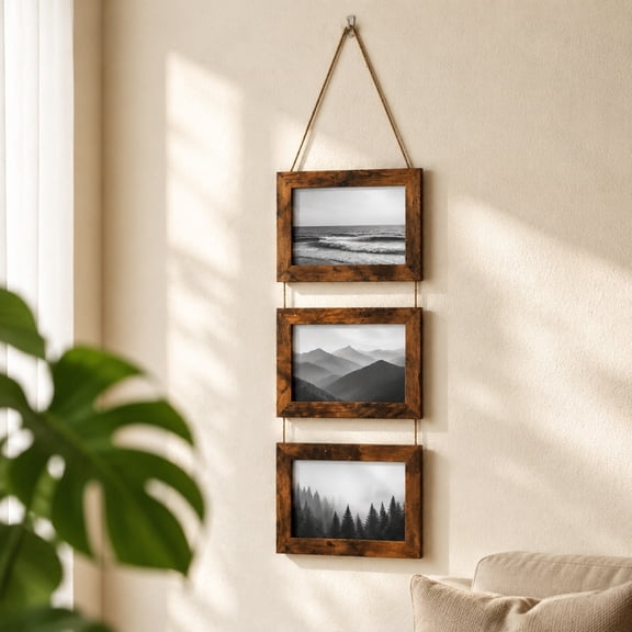 Winter Poetry Upgrade 6 Inch Triple Wooden Photo Frame, Rope Wall Mounted Picture Display Stand, Modern Minimalist Home Decor Ornament, 21.65x7.08in Brown