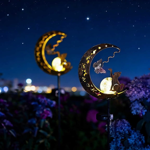 Winter Poetry Upgrade Cats Catching Butterflies Solar Garden Stake Light, Waterproof Half Crescent LED Lamp, Outdoor Pathway Landscape Decor for Yard Lawn, 33.40x7.08in