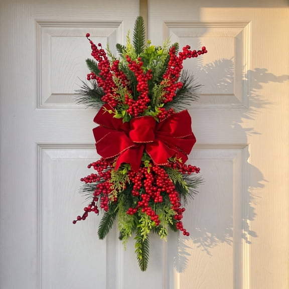 Winter Poetry Upgrade Christmas Teardrop Wreath with Red Berries Velvet Bow, Winter Front Door Wall Hanger, Indoor Outdoor Festive Decor, 17.72in