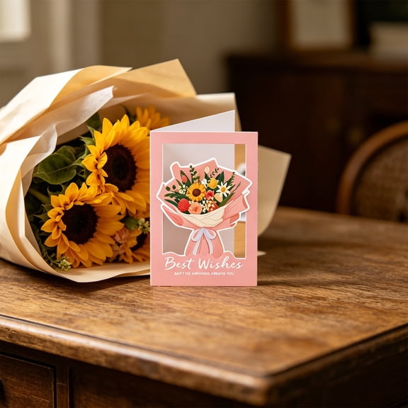 Winter Poetry Upgrade Flower Bouquet Greeting Card Set, Hollow Out Wishes Note Cards with Envelopes, Floral Cards for Birthdays Thank You, 3.94x5.91in Pink