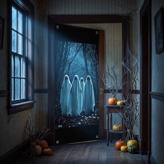 Winter Poetry Upgrade Halloween Door Cover, Multicolor Festival Door Curtain, Spooky Wall Hanging Decor for Party Scene