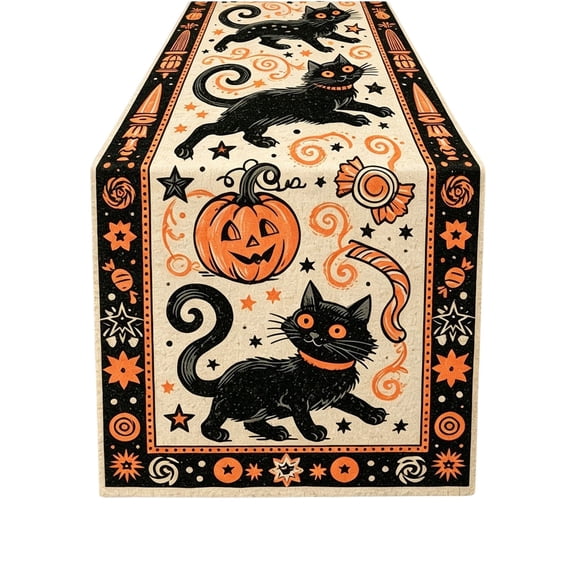 Winter Poetry Upgrade Halloween Vintage Table Runner, Linen Black Cat Pumpkin Printed Table Decor, Washable Fall Party Tabletop Ornament