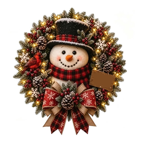 Winter Poetry Upgrade Illuminated Christmas Snowman Wreath, LED Light Up Festive Hanging Ornament, Waterproof Cloth Xmas Wreath for Indoor Outdoor Holiday Decor