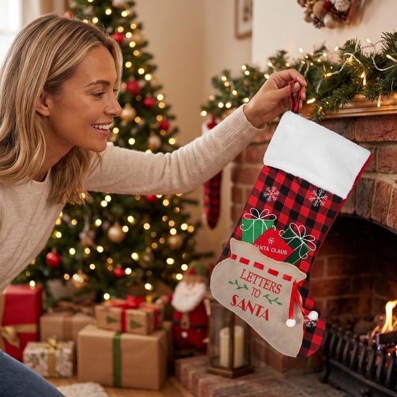 Winter Poetry Upgrade Letters To Santa Embroidered Christmas Stocking, Plaid Faux Cuff Candy Gift Bag, Festive Hanging Decor for Fireplace Tree