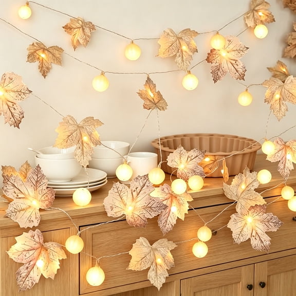 Winter Poetry Upgrade Maple Leaf Pumpkin String Lights, LED Fall Garland Lights, Battery Operated Decor Lights for Halloween Thanksgiving, 59.00in