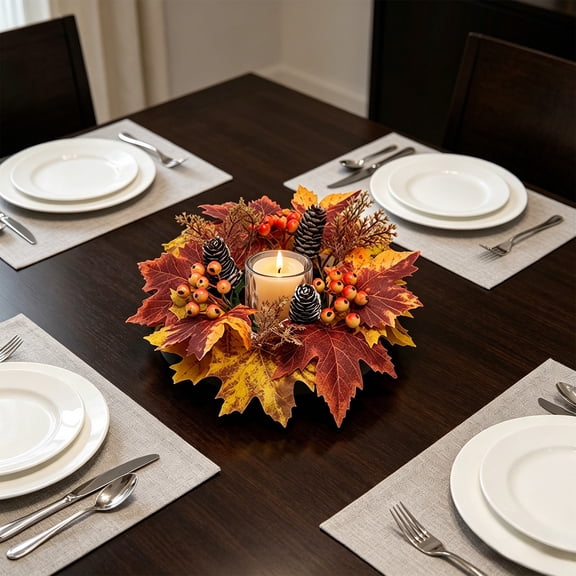 Winter Poetry Upgrade Mini Maple Pinecone Fall Candle Ring Wreath, Brown Tone Artificial Berry Candle Wreath for Thanksgiving Dining Table Mantel Decor, Outer Diameter 11.81in