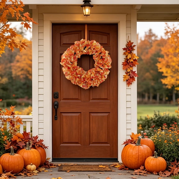 Winter Poetry Upgrade Orange Maple Leaf Fabric Wreath, Ruffled Autumn Front Door Wreath, Rustic Harvest Hanging Ornament for Thanksgiving Porch Window, 17.72x17.72x2.76in