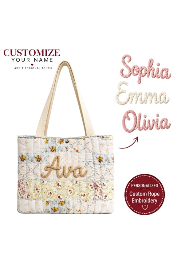 Upgrade Personalized Floral Makeup Bag, Custom Rope Embroidery Cosmetic Pouch, Monogrammed Shoulder Bag for Bridesmaid & Travel, 20.87x12.60x0.79in D