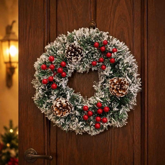 Winter Poetry Upgrade Red Velvet Bow Christmas Rattan Wreath, Berries Pine Bell Artificial Winter Wall Hanging Decor for Front Door Mantel, 11.81x3.14in