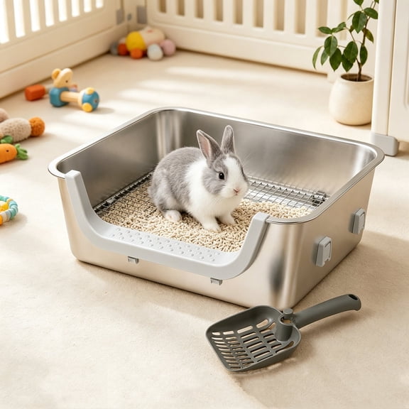 Winter Poetry Upgrade Stainless Steel Large Bunny Litter Box, Spill Proof Tip Resistant Pet Toilet, 15.75x11.81x5.91in Waste Tray for Rabbit Guinea Pig Chinchilla