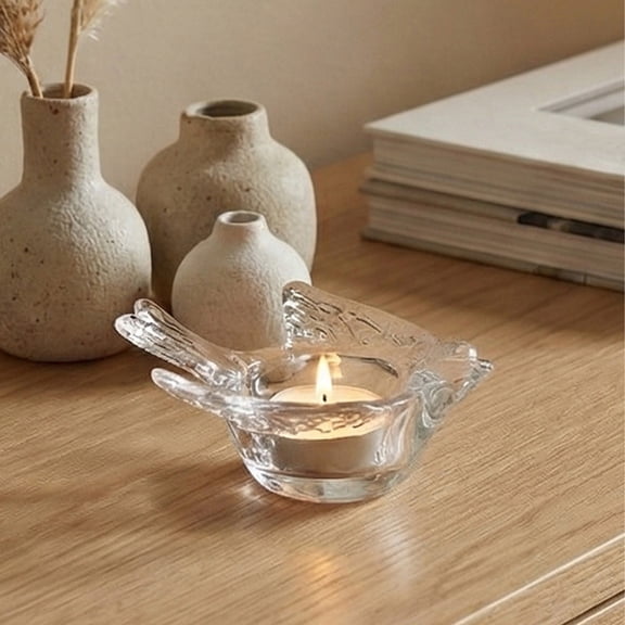 Winter Poetry Upgrade Transparent Glass Candle Holder with Bird Design, Tabletop Tealight Candle Stand, 4.33 x 3.74 in