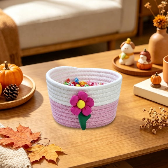 Winter Poetry Upgrade Two Tone Floral Storage Bin, Cotton Rope Mini Desktop Organizer, Nonwoven Stackable Sweet Basket for Holiday & Household Use, 7.08x7.08x3.93in, 4.94oz Pink