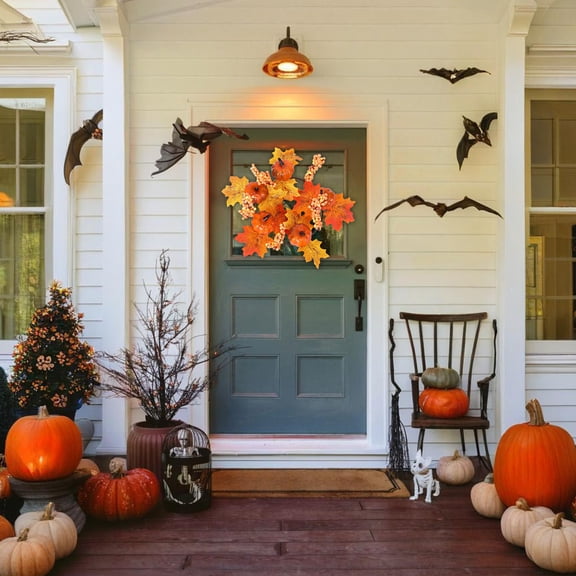 Winter Poetry Upgrade Yellow Mini Pumpkin Maple Leaf Wreath, Fall Seasonal Door Hanger, Lightweight Plastic Wreath for Halloween Thanksgiving Home Decor, 11.81x9.84x1.18in