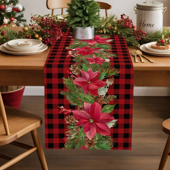 Winter Poinsettia Merry Christmas Table Runner 13x90in Non-Slip Cotton Linen Table Runners, Red Black Buffalo Plaid Dresser Scarves TableRunner for Dinner Kitchen Dining Wedding Party