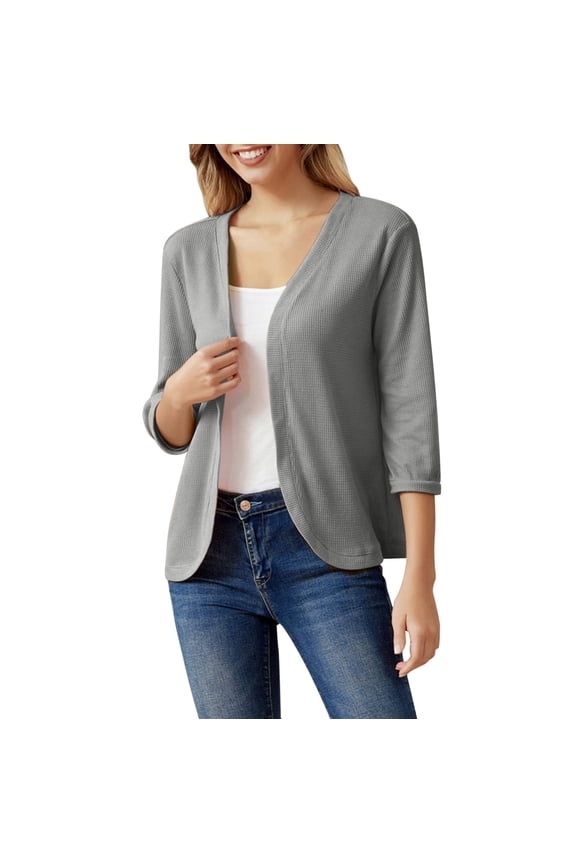 Winter Polyester Long Sleeve Cardigan for Women Gray Leisure Solid Color Wide Neck Split Sleeves Weekend Women's Nine Quarter Casual Jacket Top L