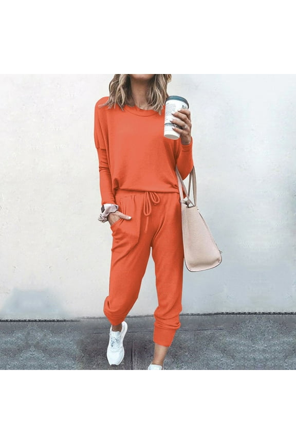 Winter Polyester Long Sleeve Full-Length Workout Athletic Sweatpants for Women Orange Activewear Solid Color Weekend 2Pc Pure Suit Leisure Pocket Home Sets XXL